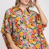 Umgee Full Size Flower Print Boxy Cut Button Down Shirt Plus Size - BLACK MIX