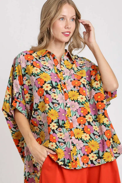 Umgee Full Size Flower Print Boxy Cut Button Down Shirt Plus Size - Farnelli