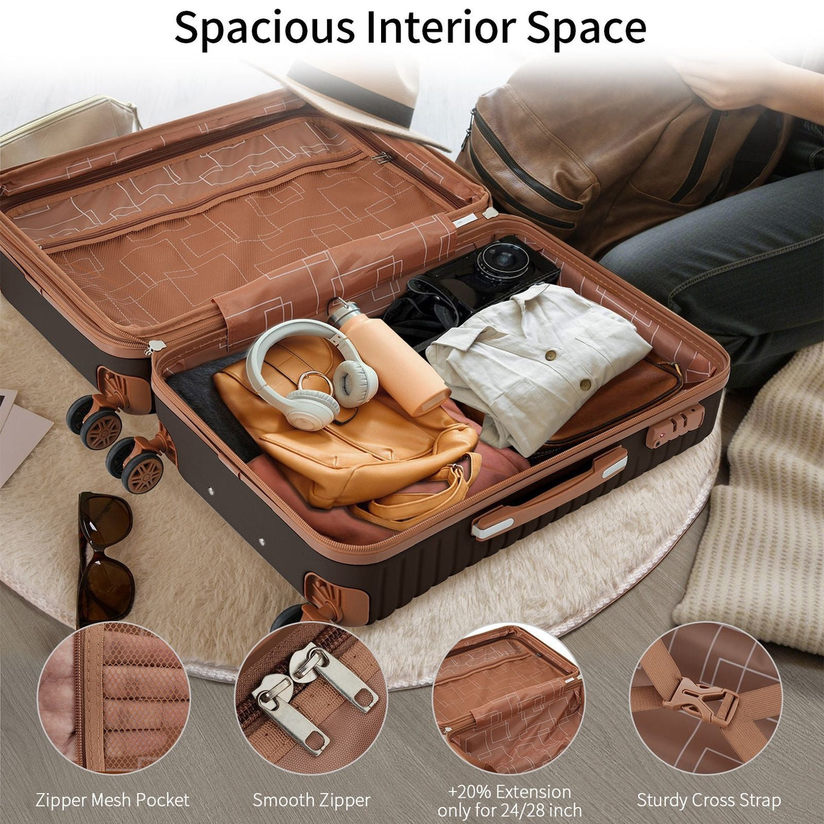 HouseOfZazla coffee ABS hard shell expandable luggage set with spinner wheels