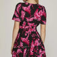 She + Sky Full Size Printed Notched Short Sleeve Frill Tiered Dress Plus Size - Farnelli