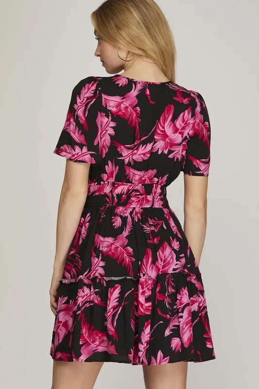 She + Sky Full Size Printed Notched Short Sleeve Frill Tiered Dress Plus Size - Farnelli