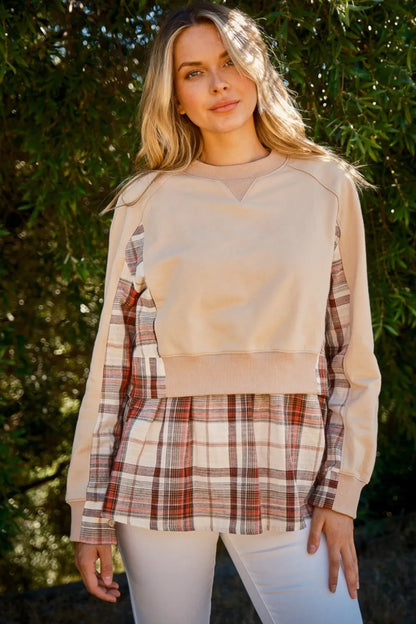 And The Why Full Size Double Layered Plaid Contrast Sweatshirt - Farnelli