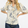 Umgee Floral Embroidered Blouse with Ruffle Trim - NAVY