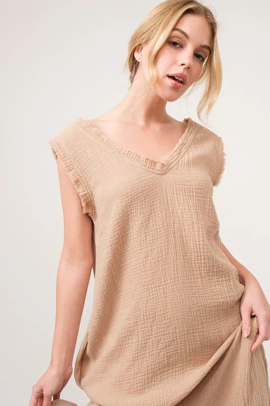 And The Why Washed Cotton Gauze Fringe Detail Tiered Dress - Farnelli