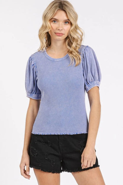 Mittoshop Mineral Wash Puff Sleeve Rib Knit Top - Farnelli