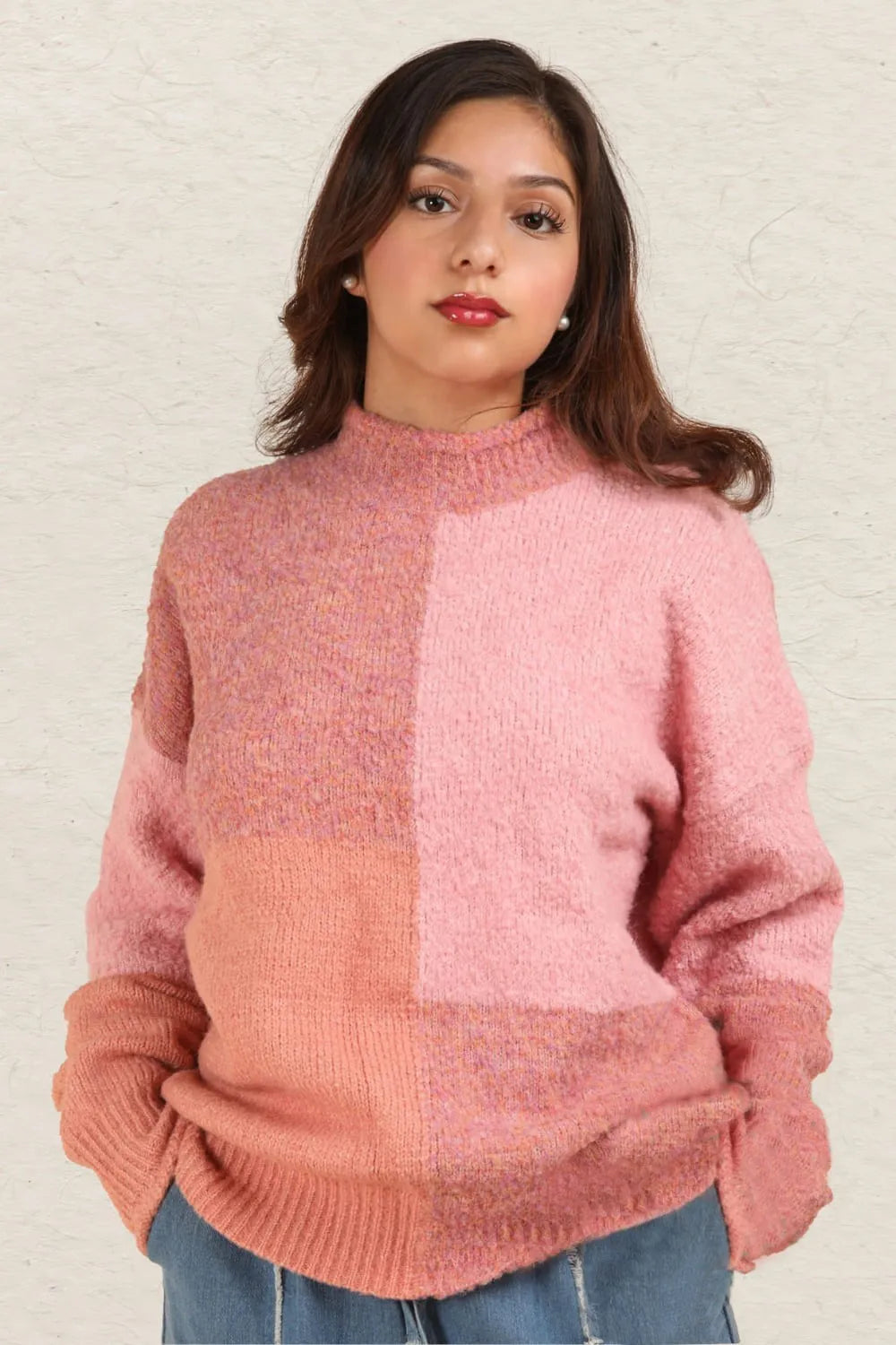 VERY J Color Block Mock Neck Drop Shoulder Sweater - Farnelli