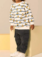 Children's Excavator Print Striped Crew Neck Sweatshirt - Farnelli