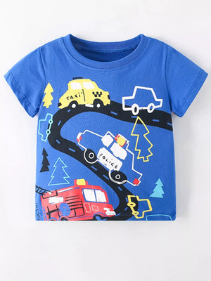 Children's Vehicle Print Crew Neck Short Sleeve T-Shirt - Farnelli