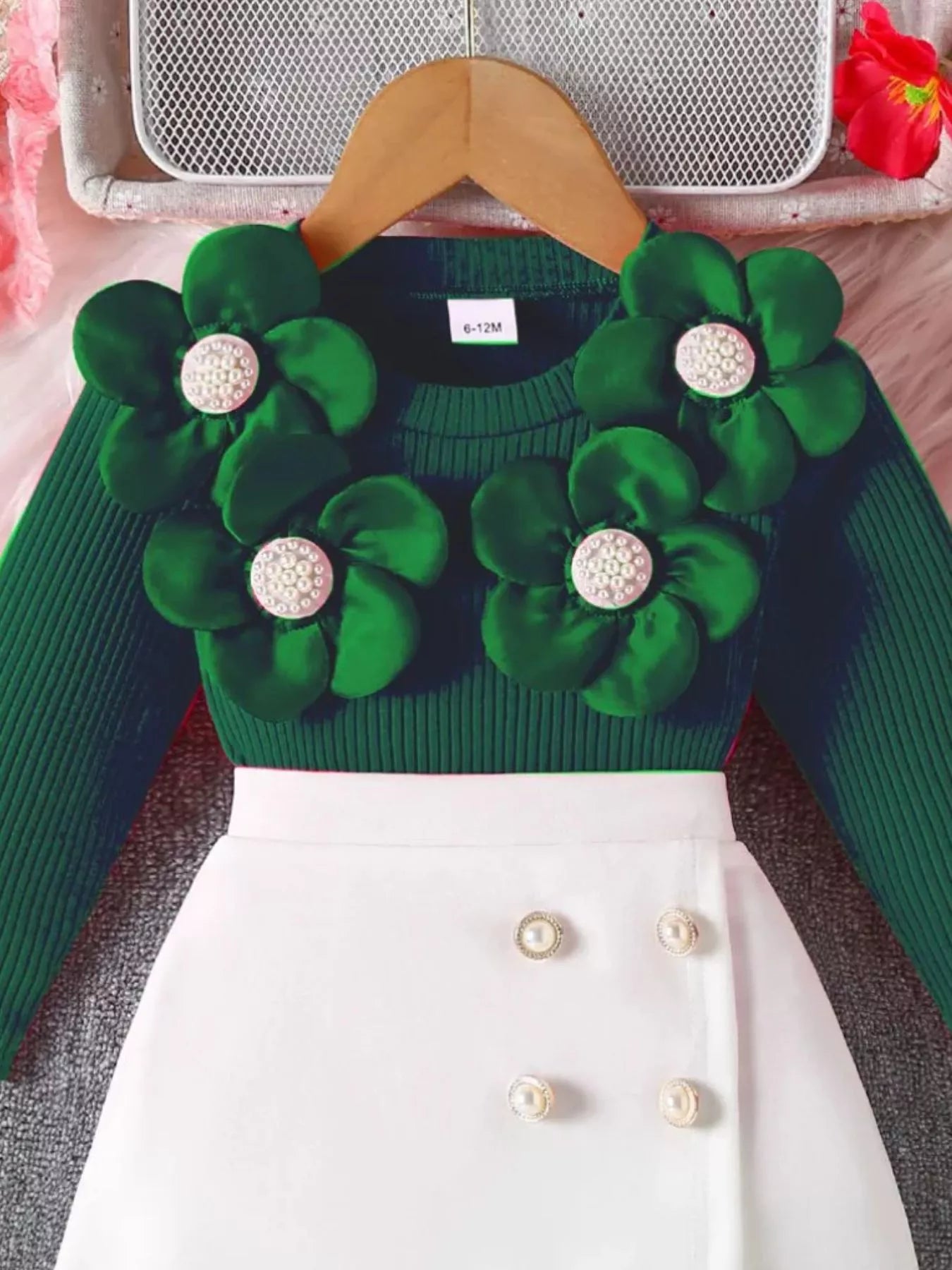 Children's Floral Applique Ribbed Top & Button Decor Skirt Set - Farnelli