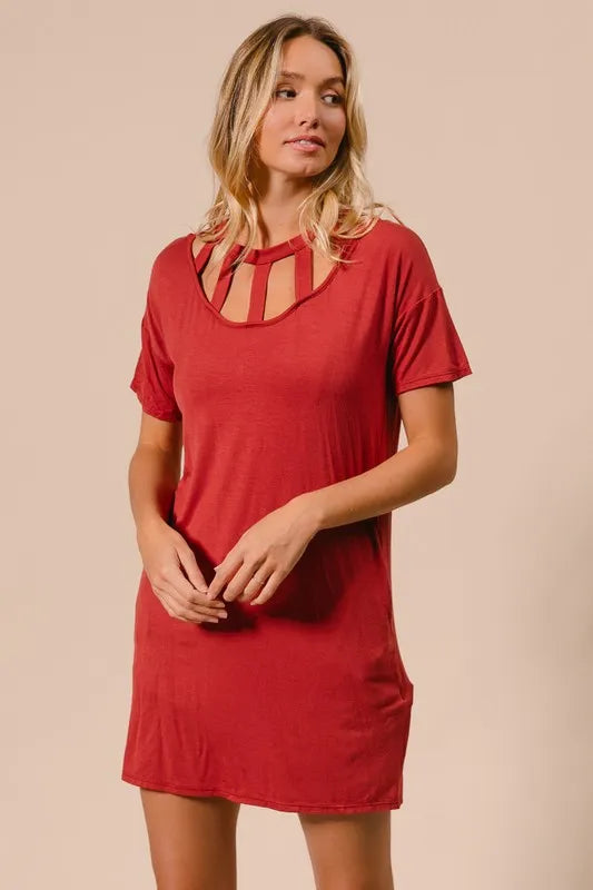 BiBi Front Cutout Mini Tee Dress with Pockets - Farnelli