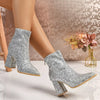 Sequin Point Toe Block Heels Boots - Gray