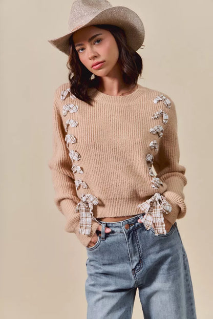 SO ME Checkered Plaid Tape Lace Up Ribbed Sweater - Farnelli