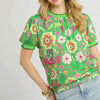 Umgee Retro Floral Puff Sleeve Top - GREEN MIX