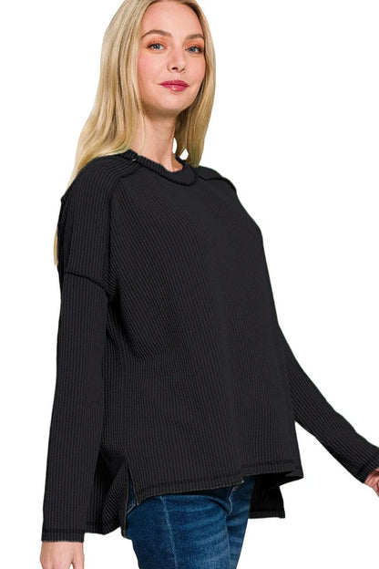 Zenana Full Size Exposed Seam Long Sleeve Corded Rib Knit Top Plus Size - Farnelli