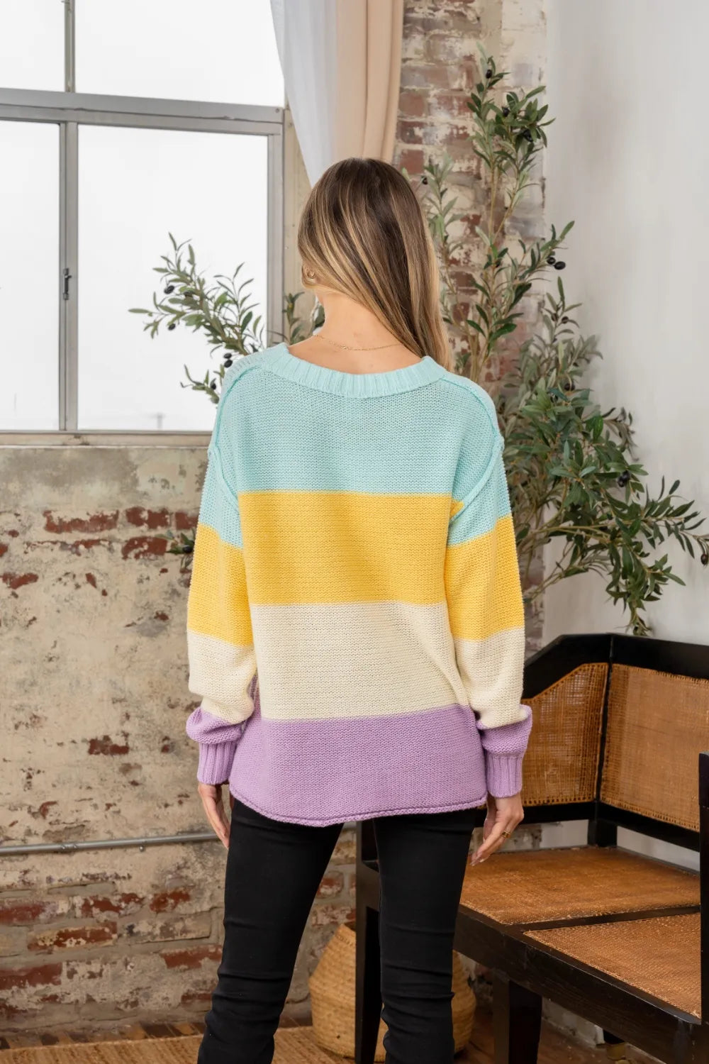 Sew In Love Full Size Color Block Exposed Seam Sweater - Farnelli