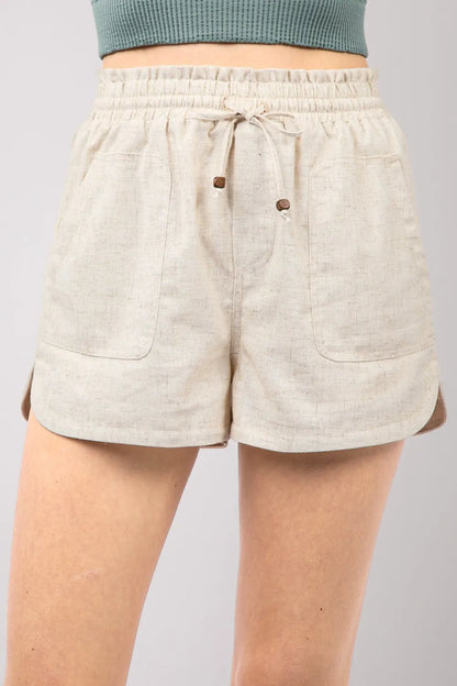 VERY J Drawstring Elastic Waist Linen Shorts - Farnelli