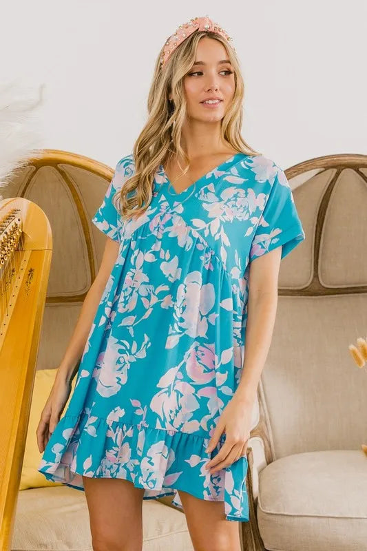 BiBi Floral Crinkle Shirred Ruffle Detail V Neck Dress - Farnelli