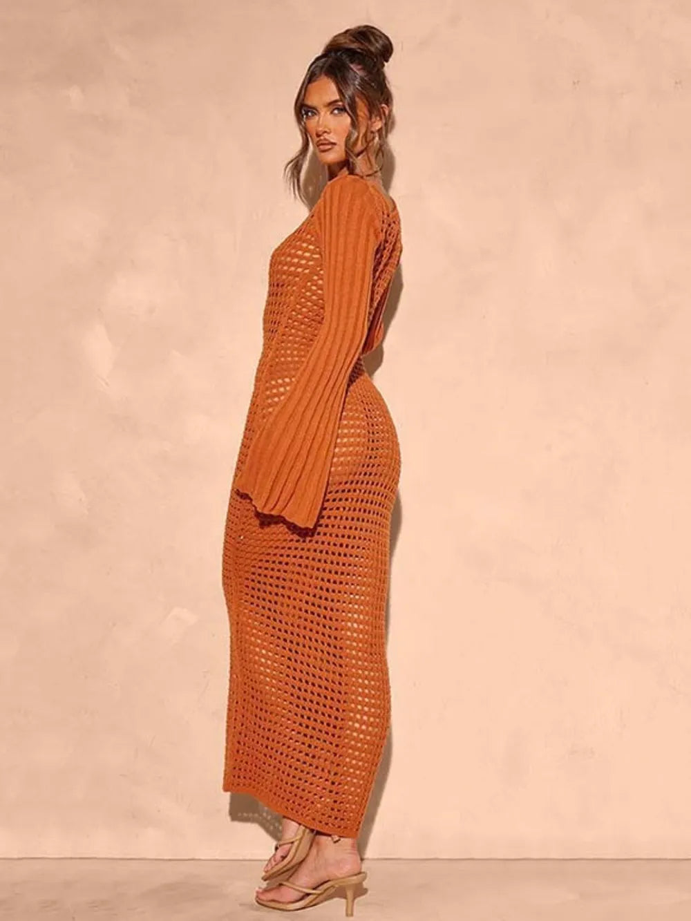 Openwork Square Neck Flare Sleeve Cover-Up Dress - Farnelli