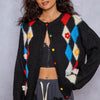 POL Button Down Diamond Pattern Round Neck Cardigan - Black