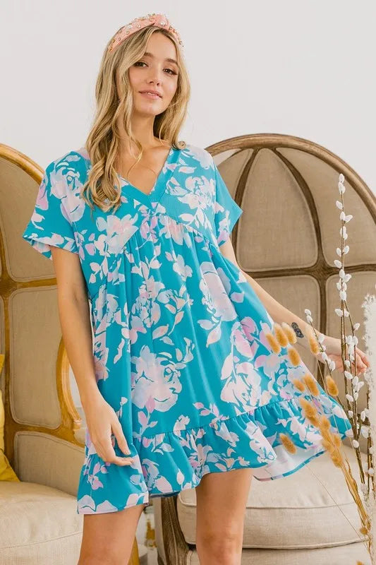 BiBi Floral Crinkle Shirred Ruffle Detail V Neck Dress - Farnelli