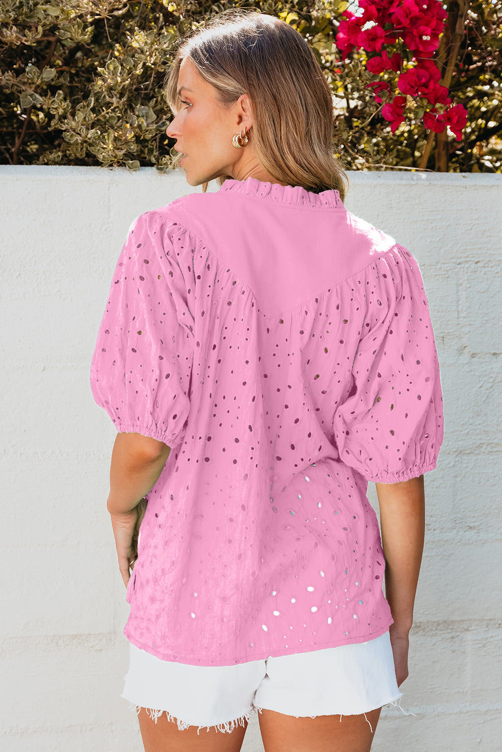 Arielle Embroidered Hollow-out Puff Sleeve Blouse - Farnelli