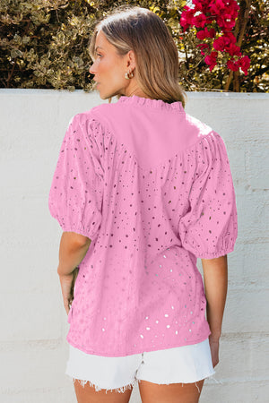 Arielle Embroidered Hollow-out Puff Sleeve Blouse - Farnelli
