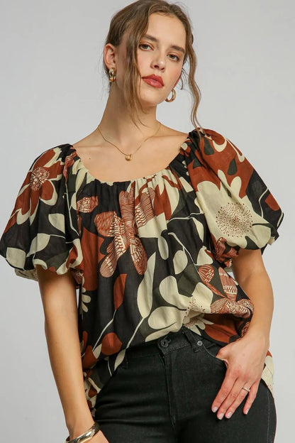 Umgee Full Size Print Round Neck Puff Sleeve Top Plus Size - Farnelli