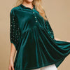 Umgee Pearl Detail Half Sleeve Velvet Babydoll Blouse - Hunter Green