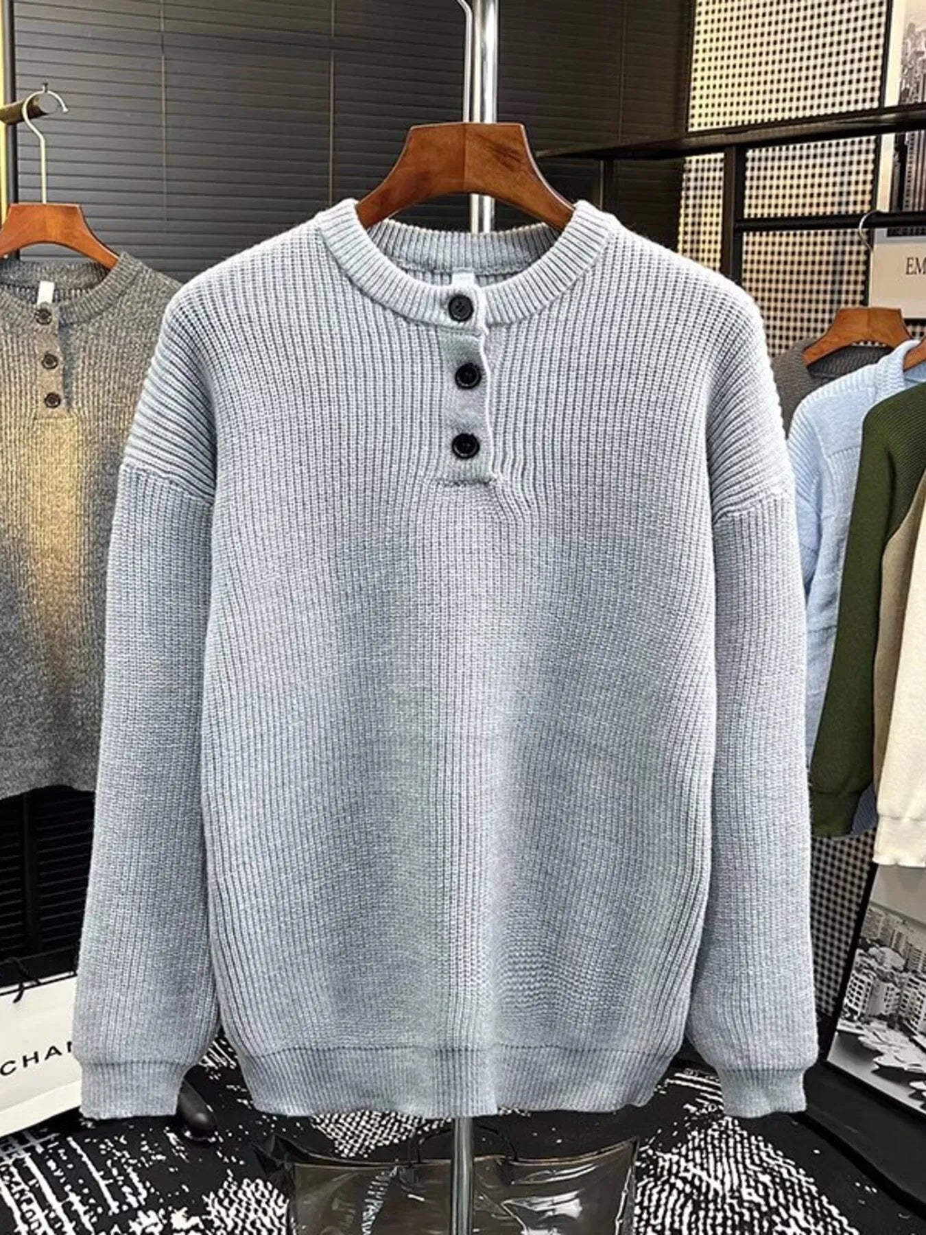 Men's Plus Size Button Detail Dropped Shoulder Sweater - Farnelli