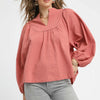 Umgee Textured Notched Blouse with Balloon Sleeves - DUSTY ROSE