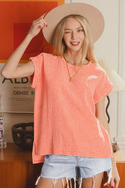 Zenana Woven Double Gauze Acid Washed Short Sleeve Top - Farnelli