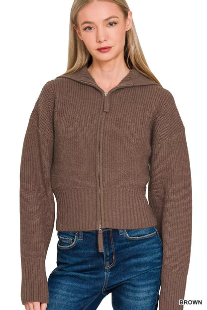 Zenana Ribbed Collared Zip Up Sweater Cardigan - Farnelli