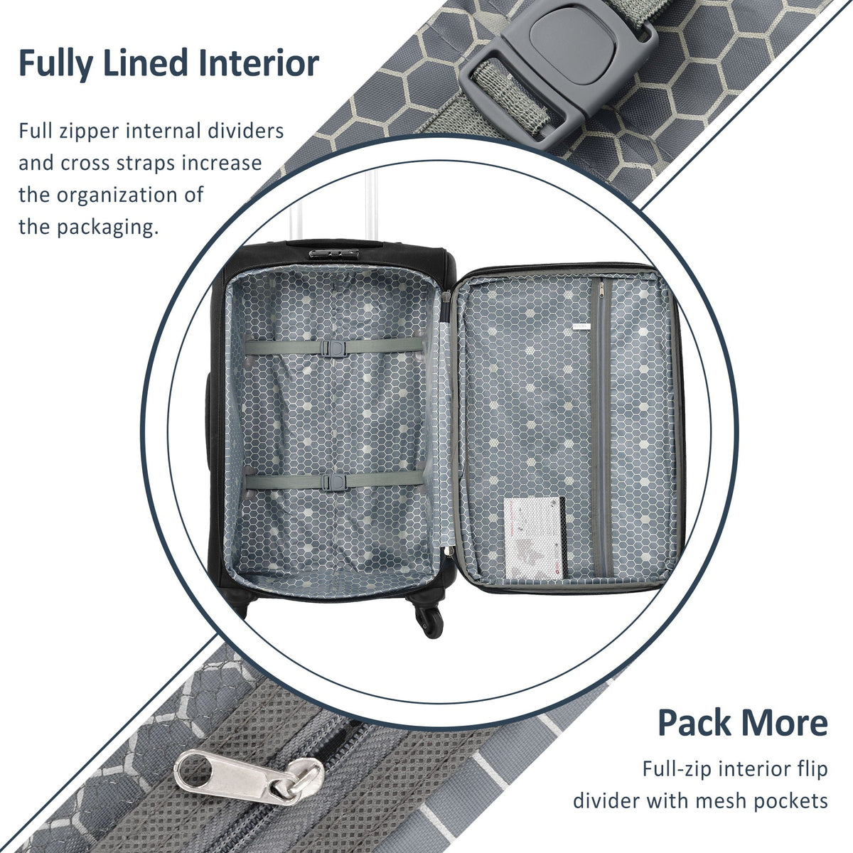 HouseOfZazla expandable softside luggage 3-piece set with spinner wheels in multiple colors