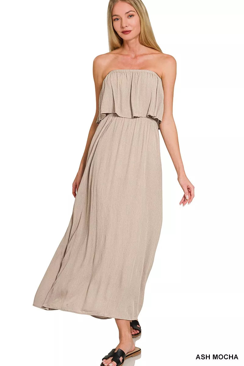 Zenana Woven Crinkle Strapless Maxi Dress - Farnelli