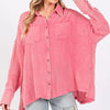 SAGE + FIG Frayed Hem Side Slit Button Down Shirt - Pink