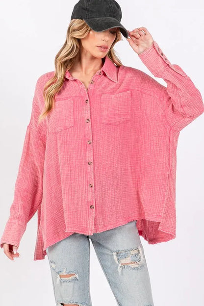 SAGE + FIG Frayed Hem Side Slit Button Down Shirt - Farnelli