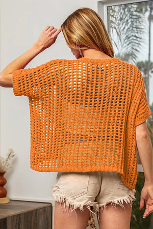 BiBi Hollowed Out Short Sleeve Knit Cover Up - Farnelli