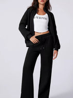 Drop Shoulder Zip Up Jacket and Drawstring Pants Active 2pcs Set - Farnelli