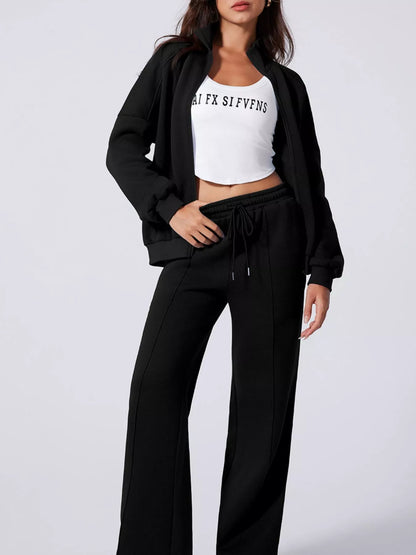 Drop Shoulder Zip Up Jacket and Drawstring Pants Active 2pcs Set - Farnelli