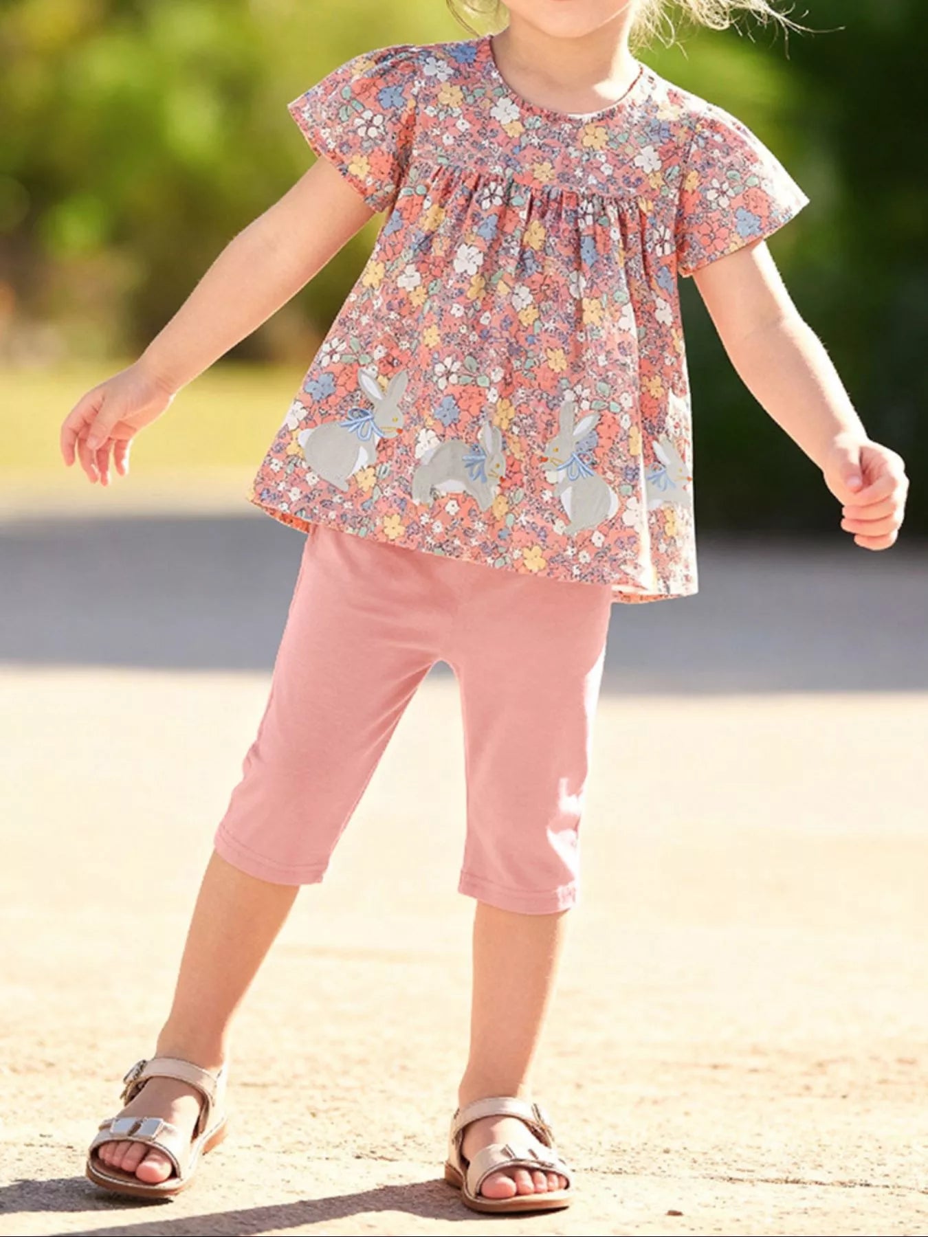 Children's Floral Bunny Print Top & Capri Leggings Set - Farnelli
