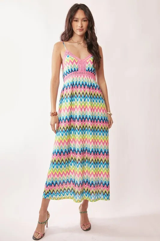 Davi & Dani Multi Color Crochet Lace Midi Dress - Farnelli