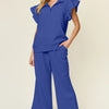 Double Take Texture Ruffle Short Sleeve Top and Drawstring Wide Leg Pants Set - Royal Blue