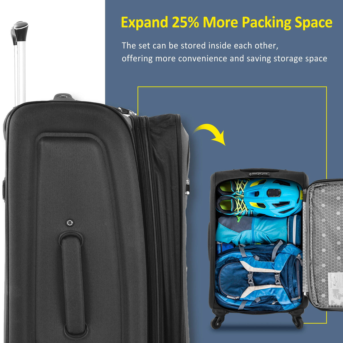 HouseOfZazla expandable softside luggage 3-piece set with spinner wheels in multiple colors