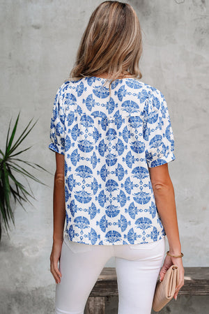 Grace Geometric Tassel Drawstring V Neck Blouse - Farnelli