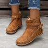 Fringe Studded Suede Flat Boots - Caramel