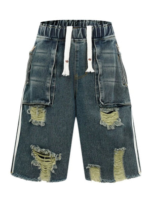 Men's Distressed Cargo Denim Shorts with Drawstring Waist - Farnelli