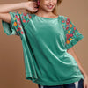 Umgee Velvet Embroidery Short Sleeve Blouse - Turquoise
