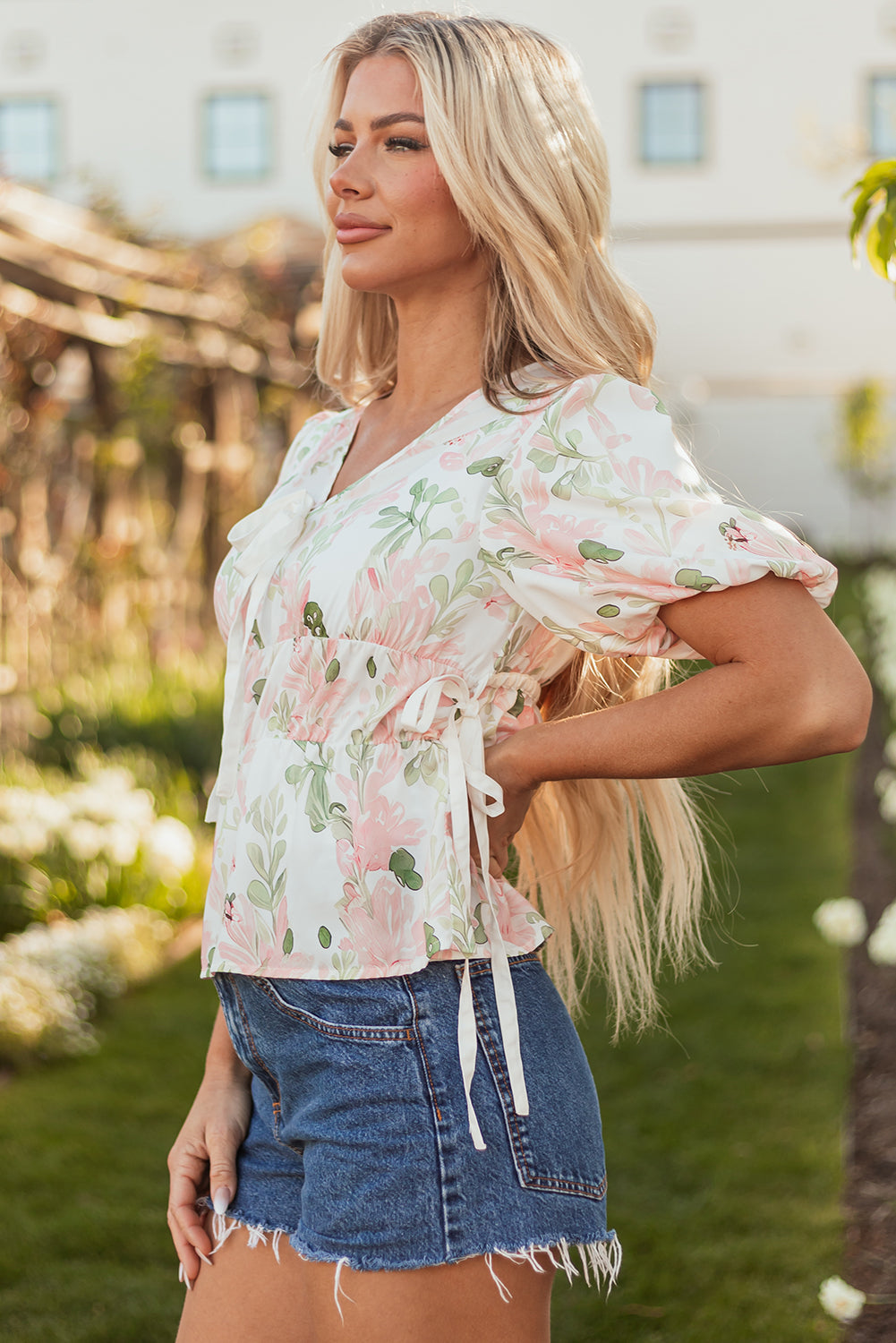 Alaiya Floral Puff Sleeve V Neck Tied Front Peplum Blouse - Farnelli