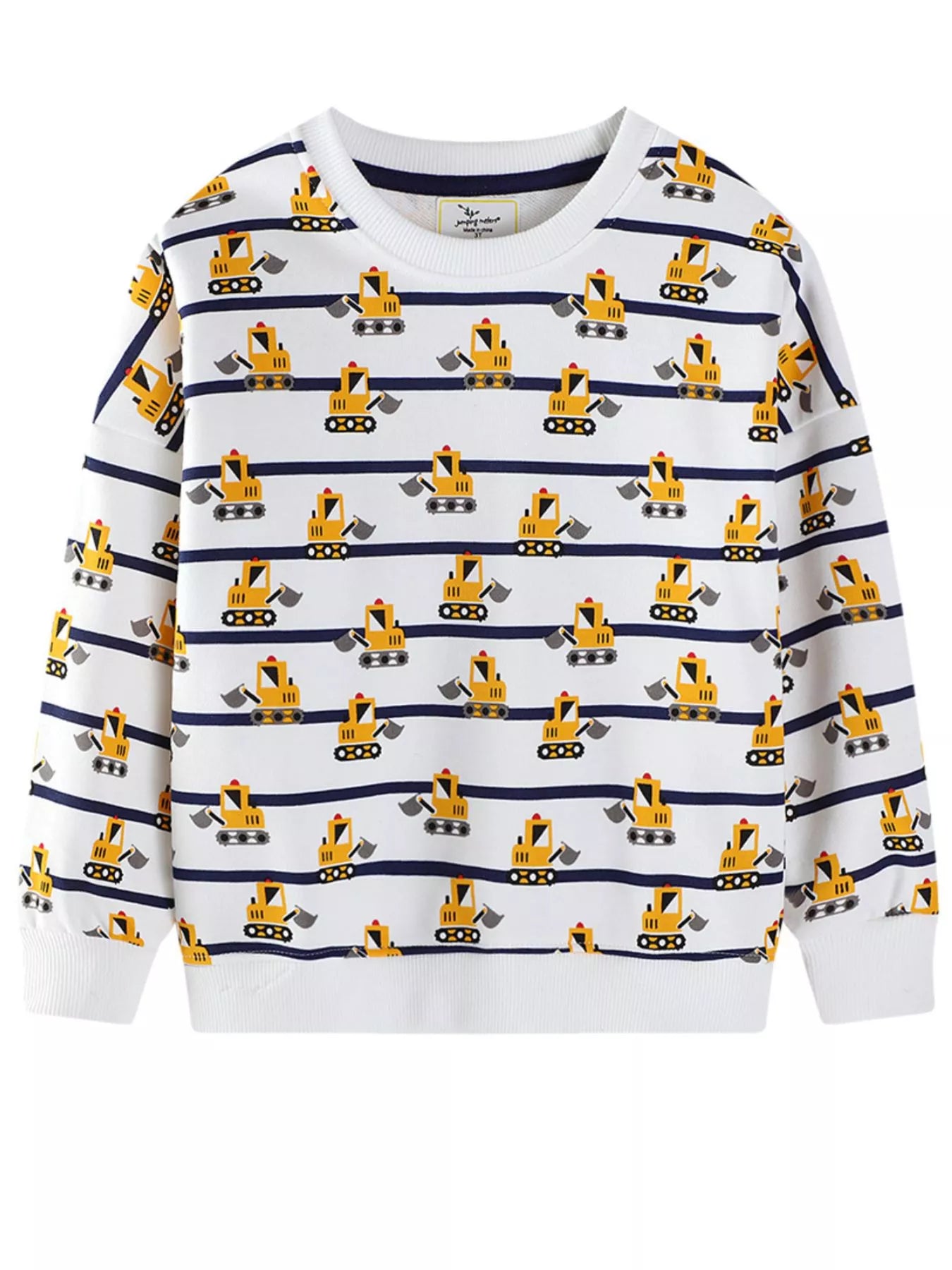 Children's Excavator Print Striped Crew Neck Sweatshirt - Farnelli