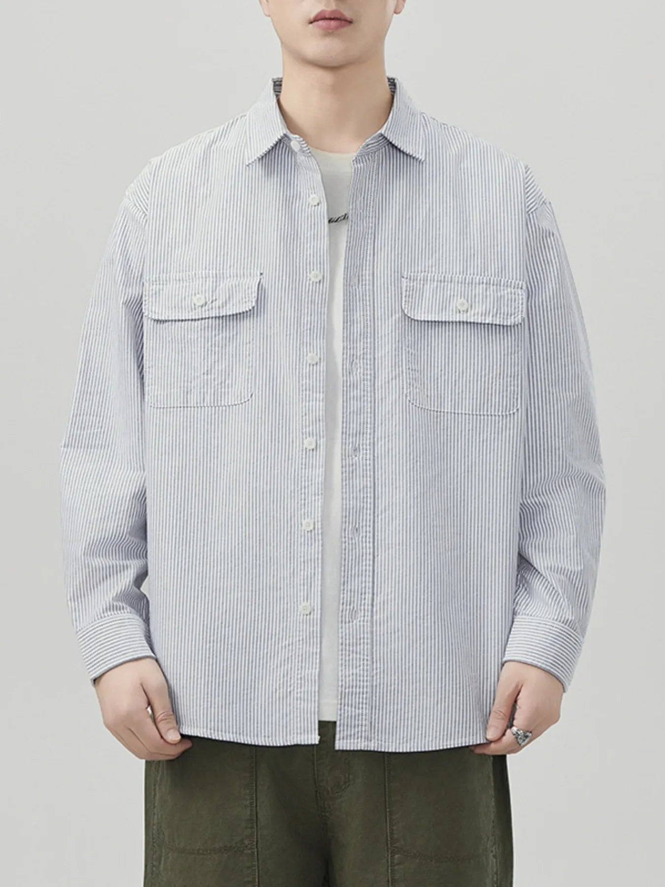 Men's Plus Size Striped Button Up Long Sleeve Shirt - Farnelli